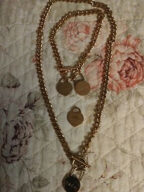 Gold-Tone Heart Tag Necklace and Bracelet Set